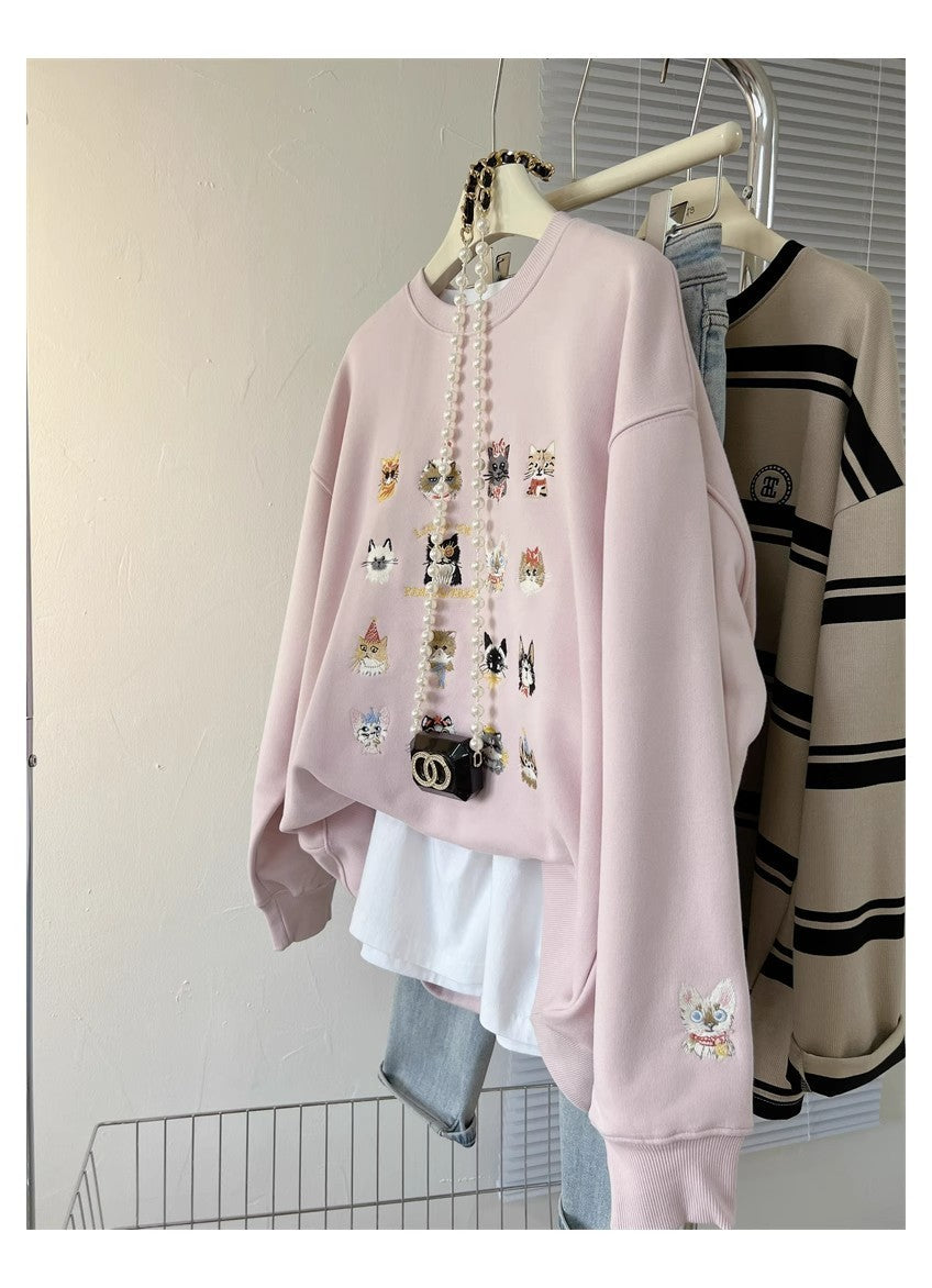 Full Printed Kitten Embroidery Street Fashion Women's Sweater Coat