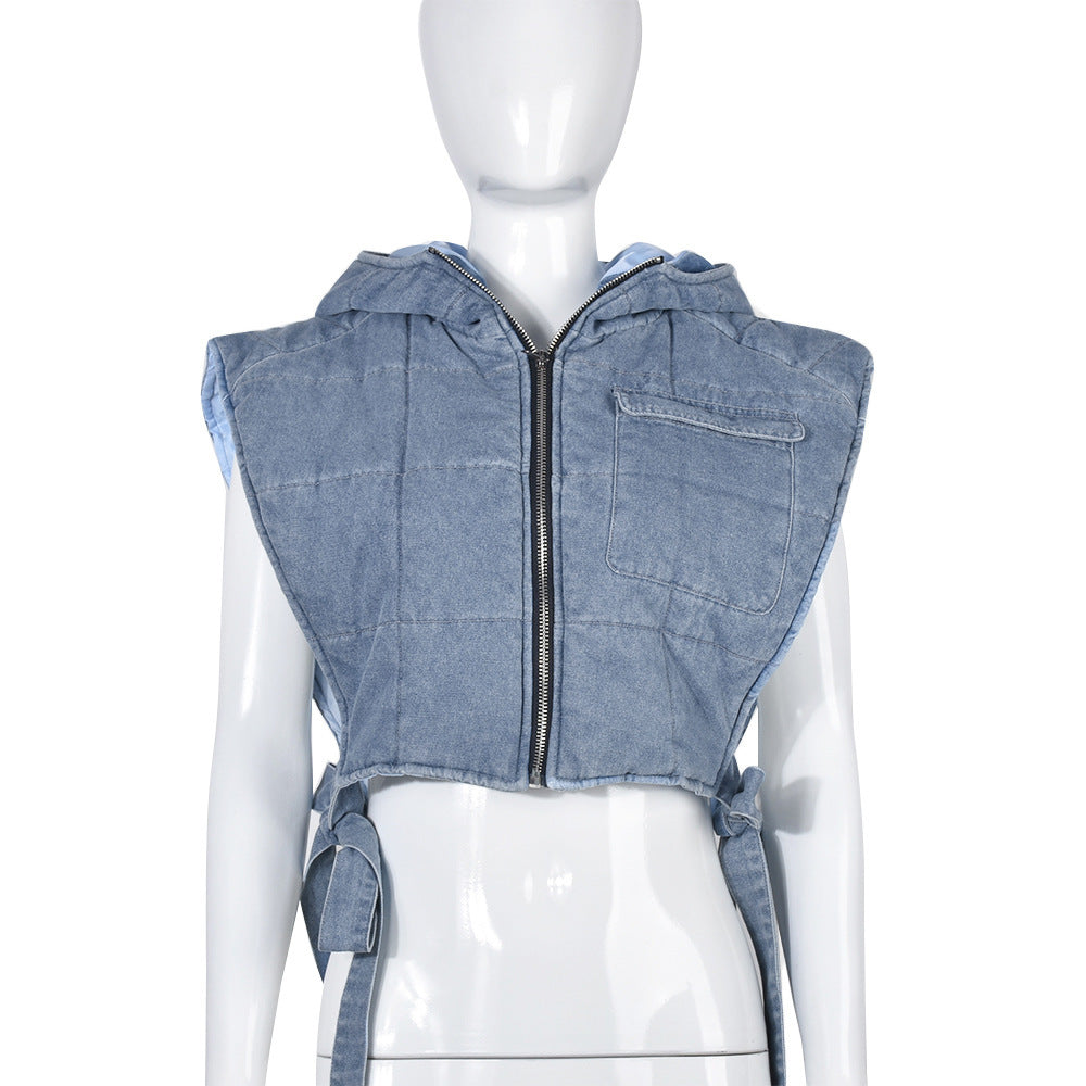 Women's New Denim Filled Cotton Hollowed Out Binding Hooded Trend Vest