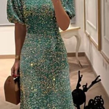 Light Luxury Temperament Heavy Embroidery Sequins Shiny Short Sleeve Dress