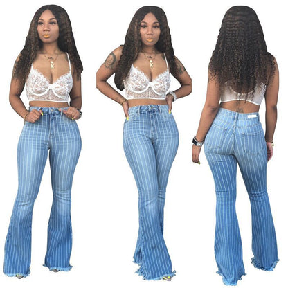 Fashion Ladies Blue High Waist Striped Flare Jeans