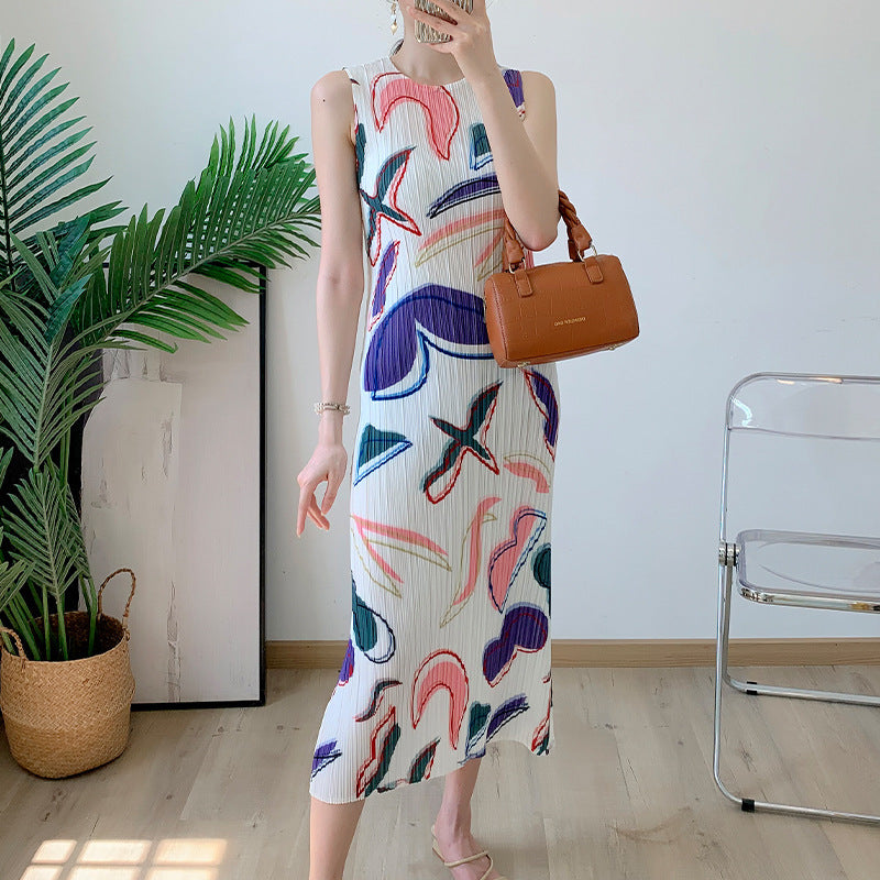 Pleated French Elegant Printed Stretch Sleeveless Dress