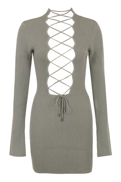 Gray Green Deep V-neck Hollow-out Lace-up Knitted Sheath Dress