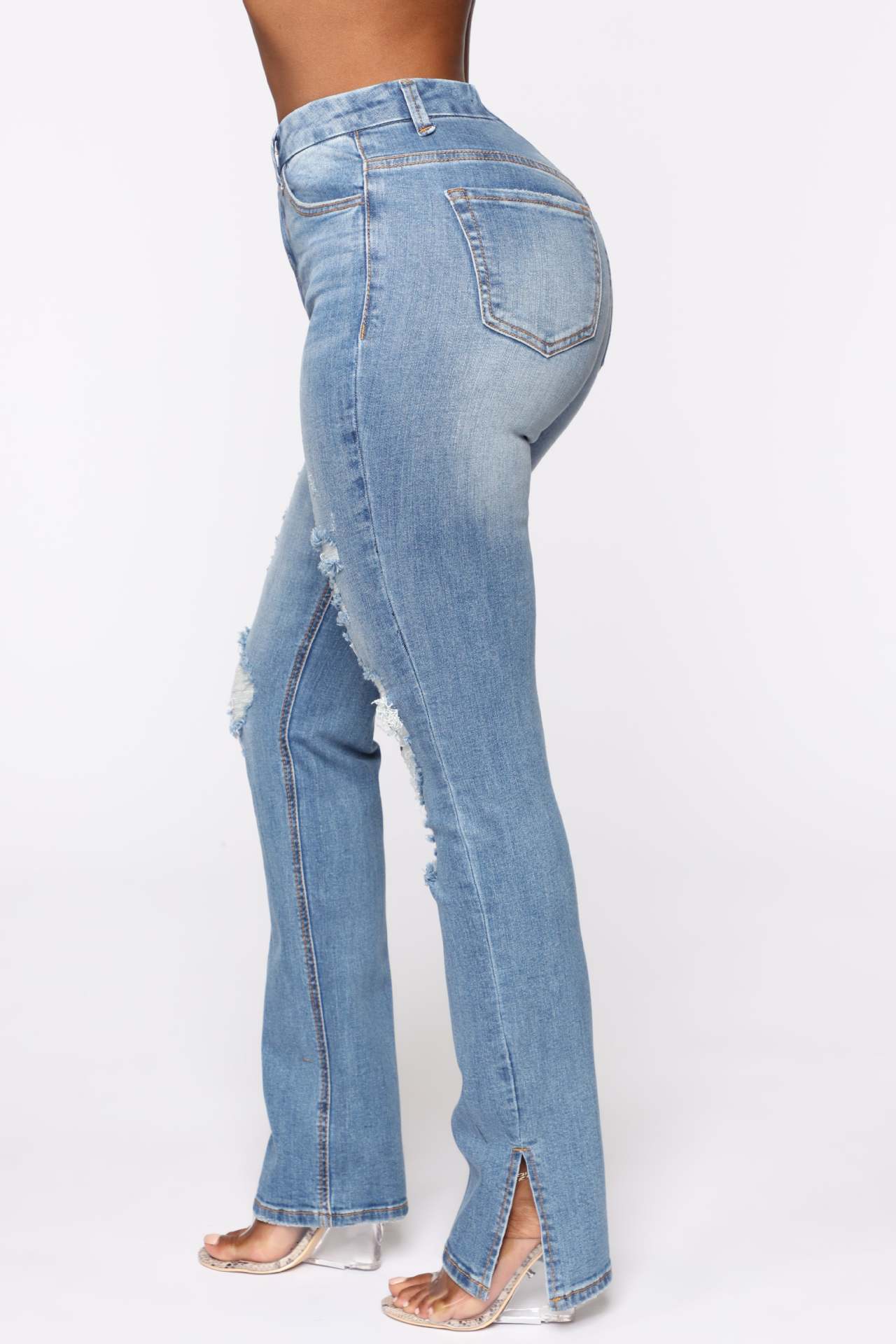 Split Jeans Women's, Blue Water Washed Hole High Waist