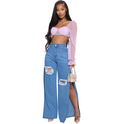 Women's Fashion Ripped High Waist Wide Leg Jeans