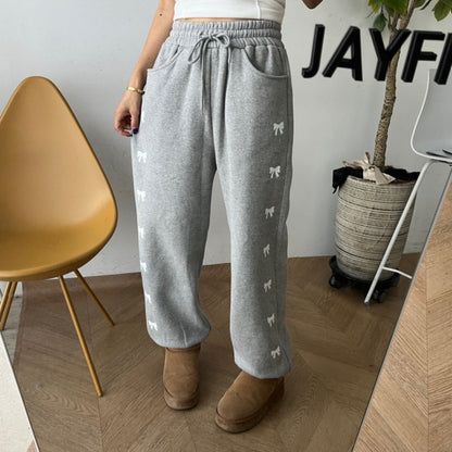 High Waist Elastic Bowknot Printing Plus Velvet Casual Pants