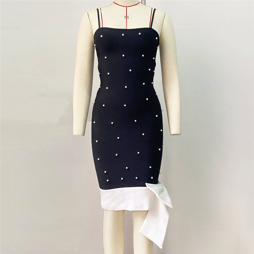 Special-interest Design Bowknot Beaded Sling Bandage Dress