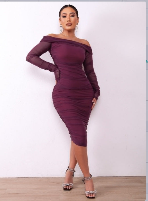 Solid Color Slim-fit Party Long Sleeve Off-shoulder Pleated Early Spring Dress