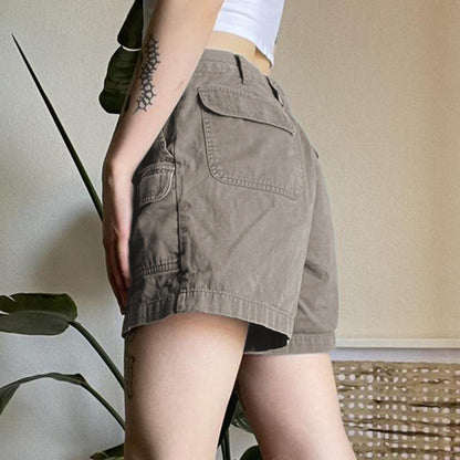 High-waisted Solid Color Multi-pocket Cargo Jean Shorts Female