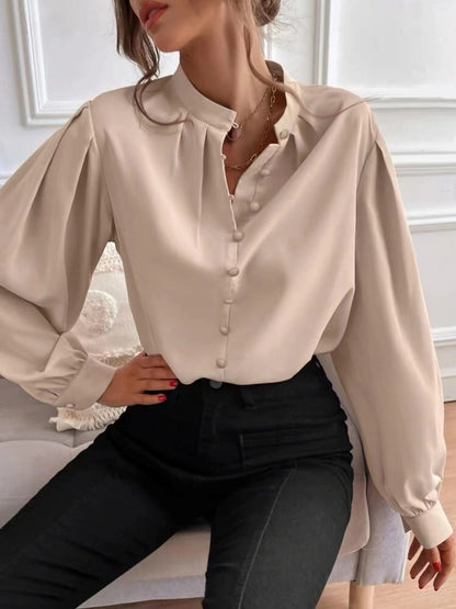 Commute Style Solid Color Round Neck Long Sleeve Single-breasted Women's Shirt