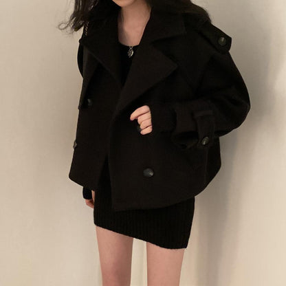 Suit Collar Double Breasted Loose All-match Long Sleeve Short Woolen Coat