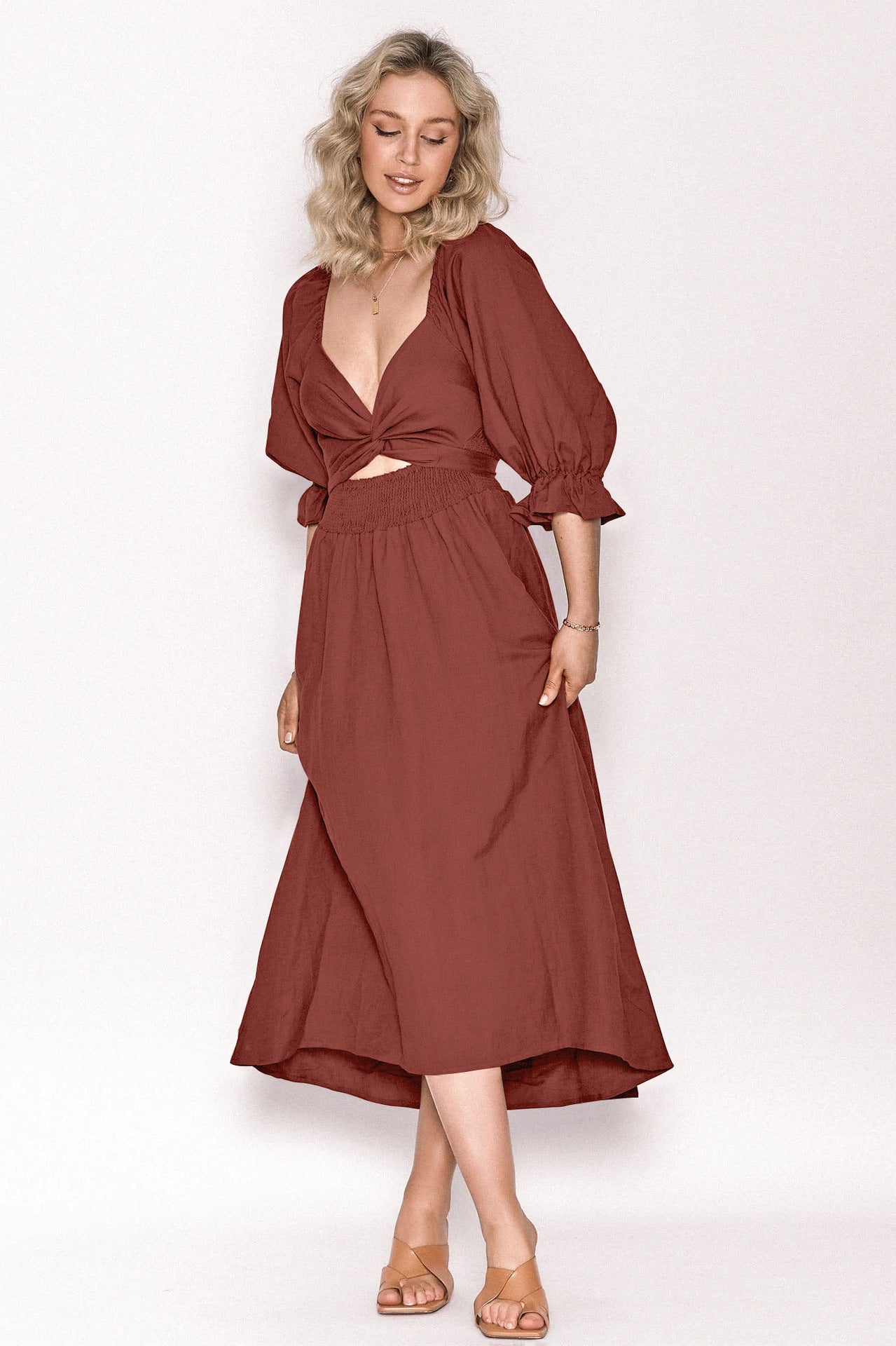 Women's Rope Belt Ruffled Lantern Sleeves Dress