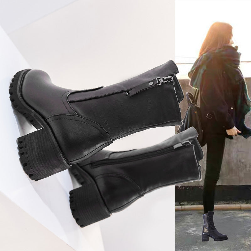 Thick Heel Martin Boots Women New Versatile Black Locomotive