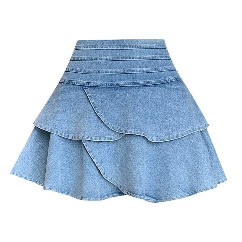 Denim Skirt Elastic Waist Lotus Leaf Border Light Skirt