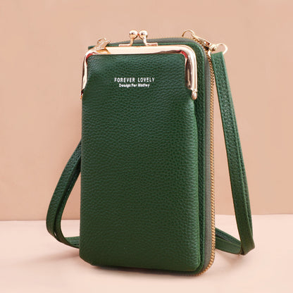 Mobile Phone Bag With Lock Design Korean Style Fashion Lychee Pattern Crossbody Bags For Women