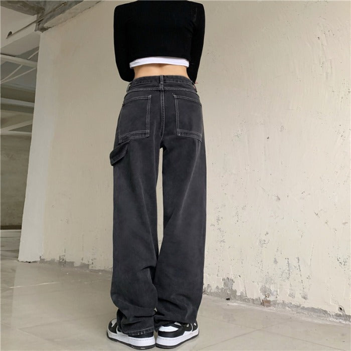 Vintage Print Loose Slim Jeans High Waist Straight Pants