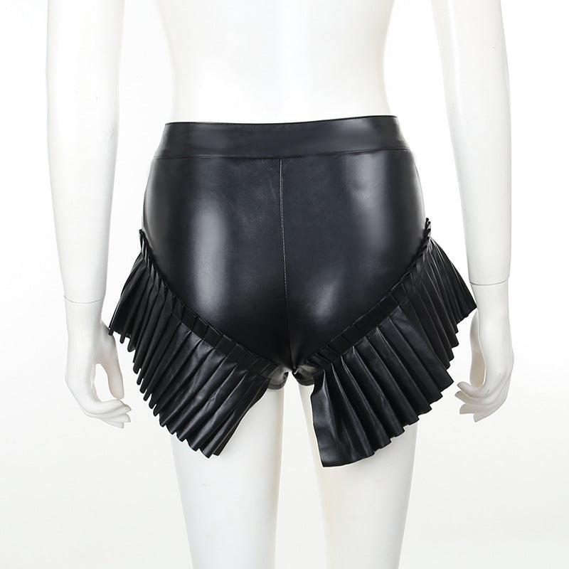 Elegant Dark Leather Frill Super Short Shorts