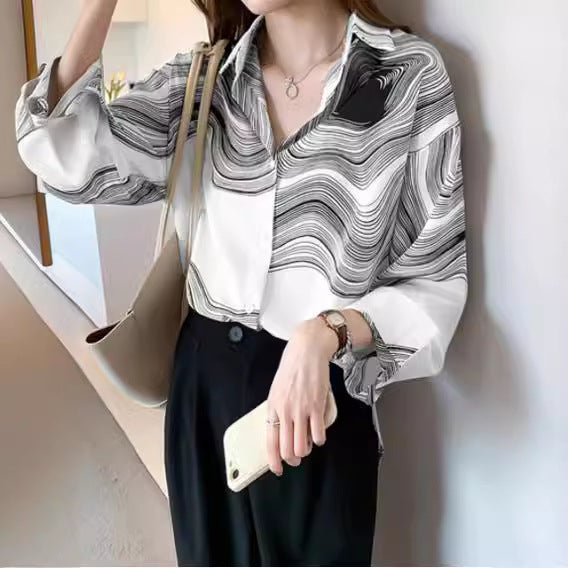 Ink Painting Cotton Linen Long Sleeve Blouse