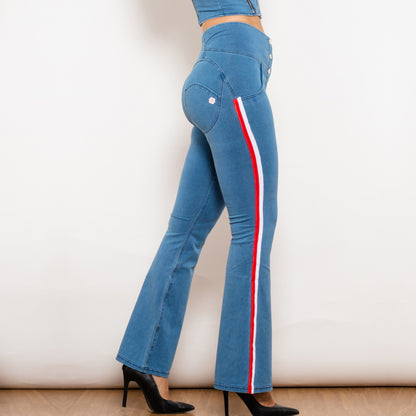 Shascullfites Melody Light Blue Striped Flared Lift Jeggings Button Up Butt Lift High Waist Flare Jeans Women Shaping Jeans