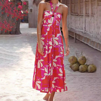 Women's Casual Floral Print Hollow-out Halter Pleated Sleeveless Mid-length Dress