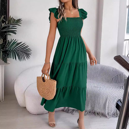 Summer Dress Casual Women's Sleeveless Mid-length Dress Pleated Long Layered Dress