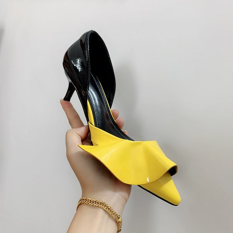 Patent Leather Ruffled Stiletto Pointed Pumps