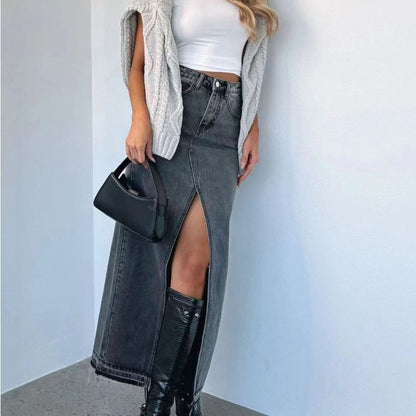 European And American Style Women's Clothing High Waist Slit Design Denim Skirt