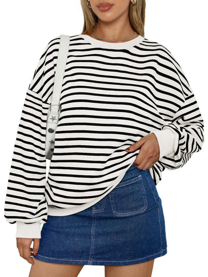 Women's Colorful Striped Round Neck Loose Sweatshirt