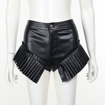 Elegant Dark Leather Frill Super Short Shorts