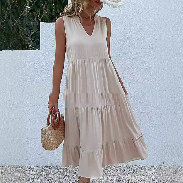 Loose Waist Sleeveless V-neck Swing Solid Color Length Dress