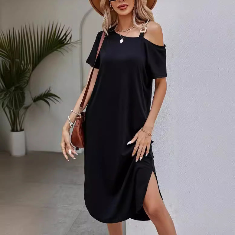 Women's Asymmetric Collar Split Thigh T-shirt Dress