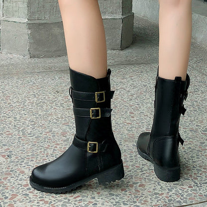 Women Boots Belt Buckle Low Heel Knight