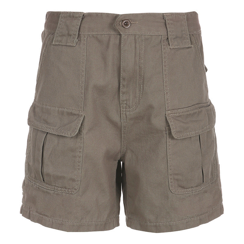 High-waisted Solid Color Multi-pocket Cargo Jean Shorts Female