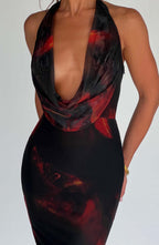 Temperament Printed V-neck Halter Backless Dress