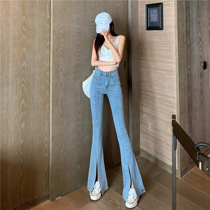 Women's High Waist Slim Slit Jeans Micro Flared Pants