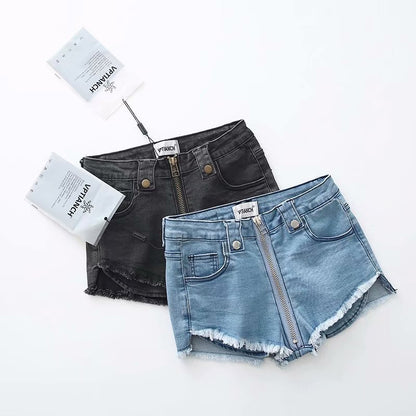 High Waist Stretch Fit Front Zip Denim Shorts