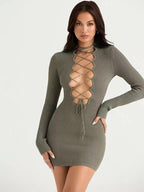 Gray Green Deep V-neck Hollow-out Lace-up Knitted Sheath Dress