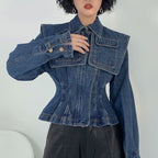Cape Pocket Decoration Pleated Zipper Denim Coat