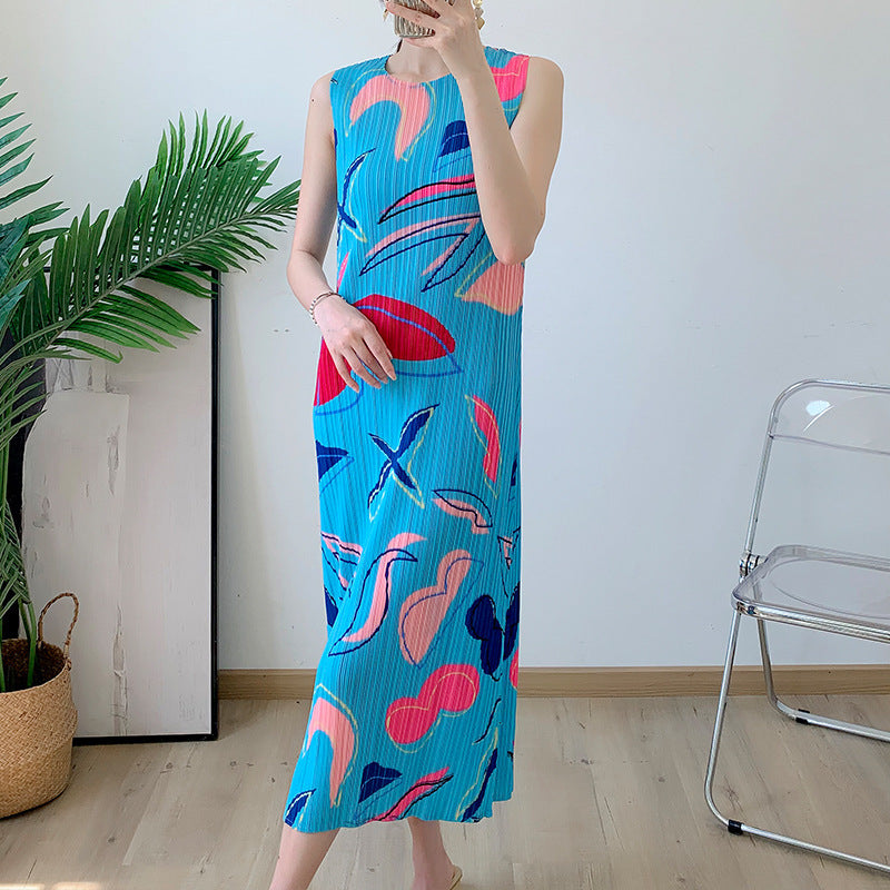 Pleated French Elegant Printed Stretch Sleeveless Dress