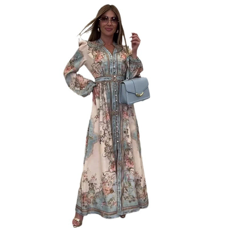 Tea Break French Style Vintage Fashion Print Elegant Long Sleeve Dress