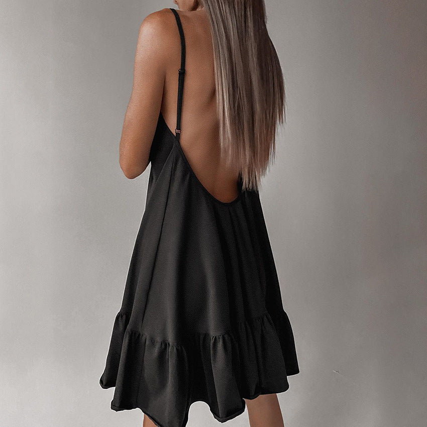 Summer Thin With Shoulder-straps Backless Ruffled Nightdress