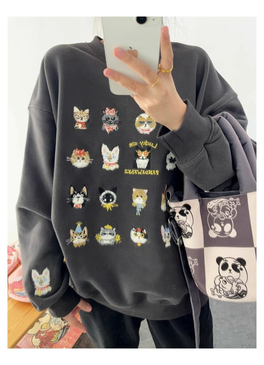 Full Printed Kitten Embroidery Street Fashion Women's Sweater Coat