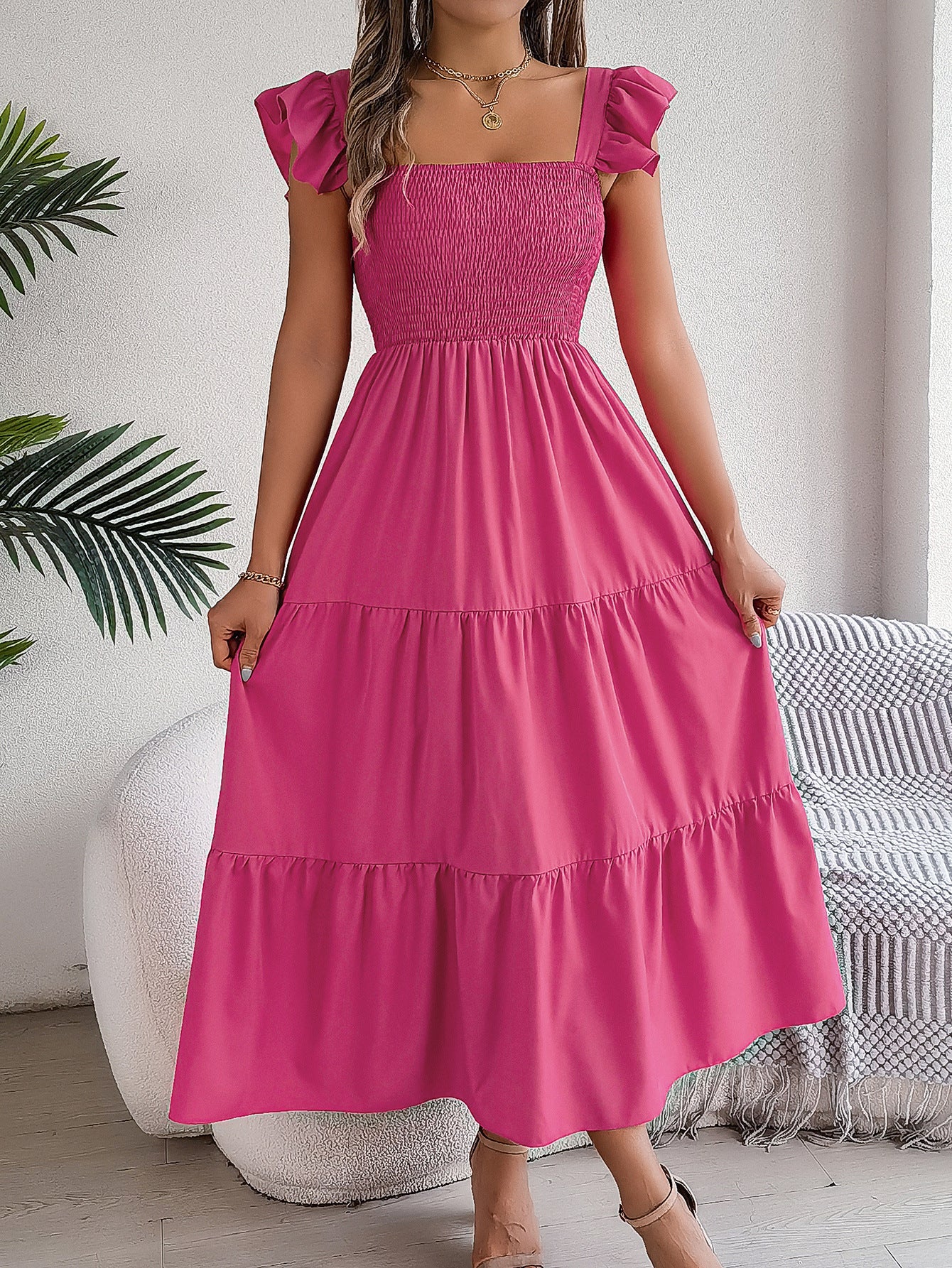 Summer Dress Casual Women's Sleeveless Mid-length Dress Pleated Long Layered Dress