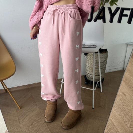 High Waist Elastic Bowknot Printing Plus Velvet Casual Pants