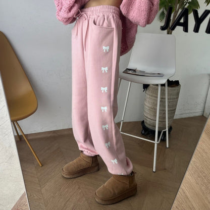 High Waist Elastic Bowknot Printing Plus Velvet Casual Pants