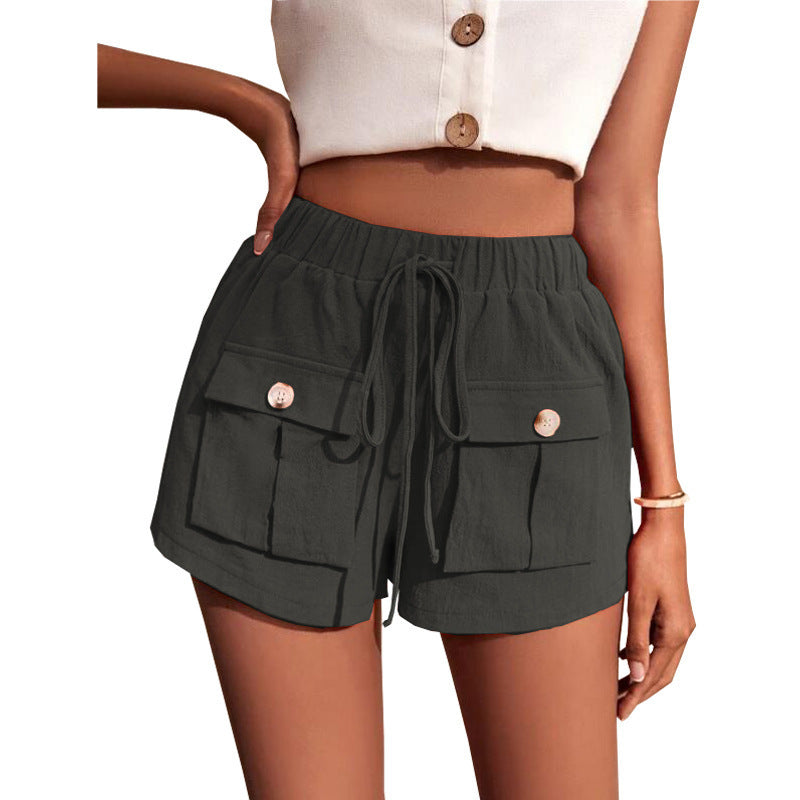 Women's Pocket Loose Mid Waist Drawstring Leisure Cargo Short