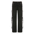 High Street Pocket Ribbon Stitching Straight Black Woven Pants