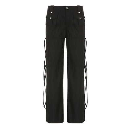 High Street Pocket Ribbon Stitching Straight Black Woven Pants