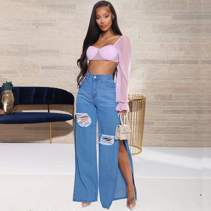 Women's Fashion Ripped High Waist Wide Leg Jeans