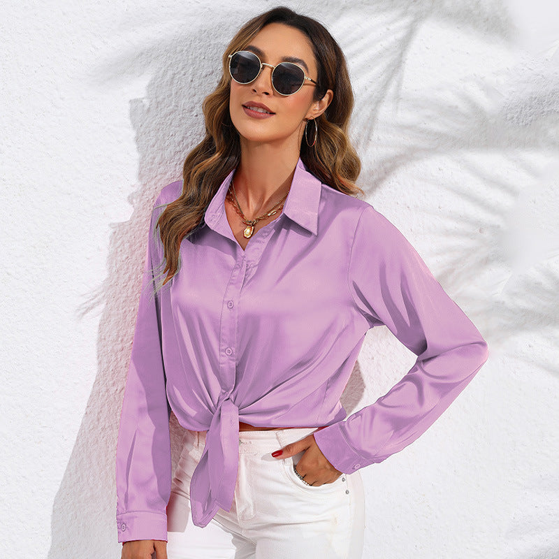 Women's Solid Color Satin Satin Long Sleeve Blouse