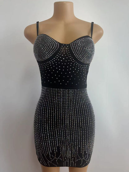 Fashion Women's Wear Mesh Rhinestone Hip Skirt Solid Color Sleeveless Sling Dress